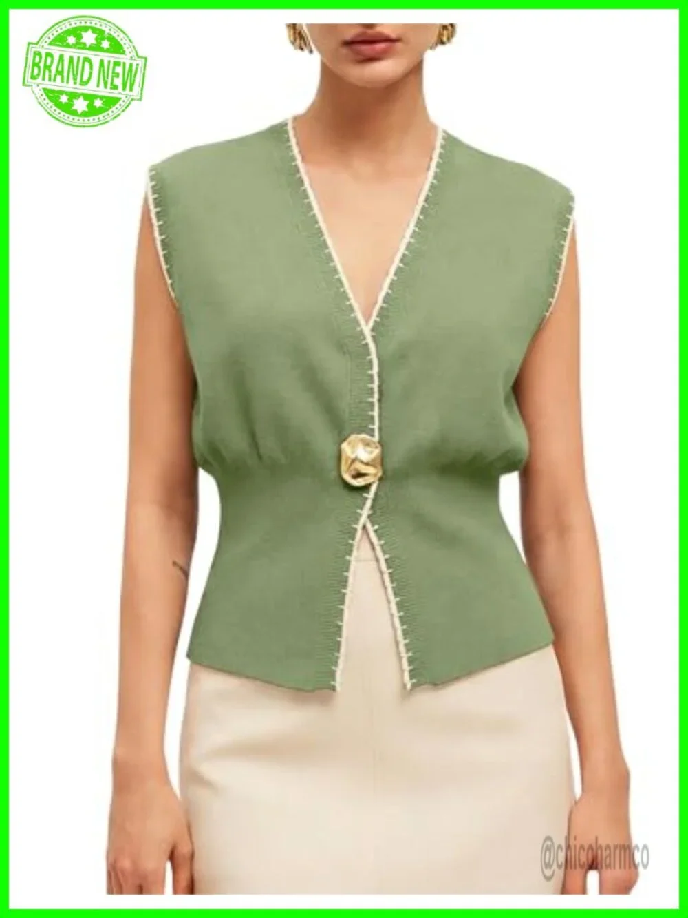 V Neck Knit Vest Casual Button Down Sleeveless Contrast Trim Sweater Top